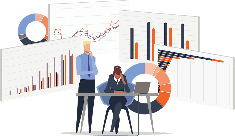 illustration of two property owners with an array of data visualizations floating behind them